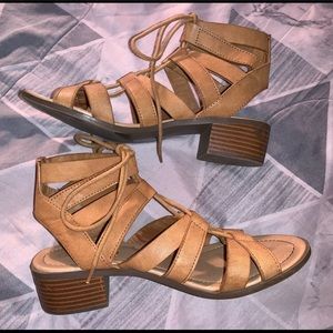 Tan lace heel sandals